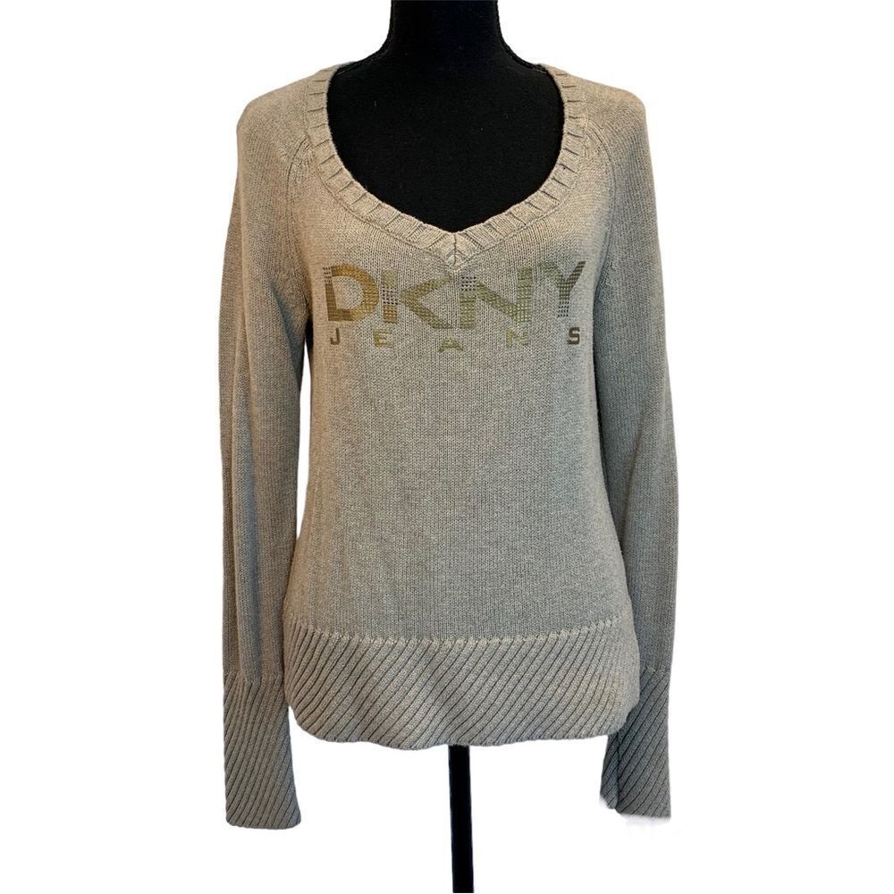 Dkny beige brown long sleeve V-neck metallic logo knit sweater Sz L
